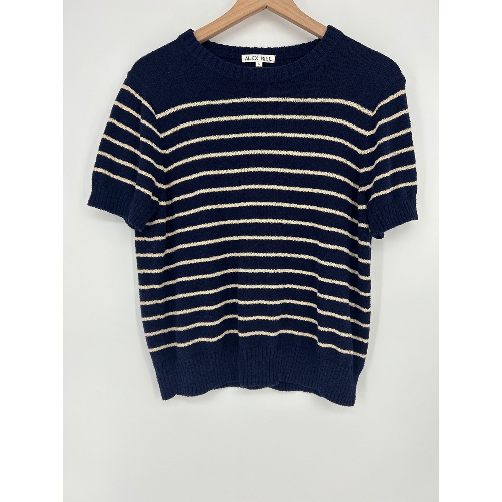 Alex Mill Striped Navy Crew Neck Short Sleeve Knit Sweater In Women's Size Large